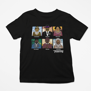 A black ROCKaBLOCK "The Pioneers" graphic tee with images of historical Black figures.
