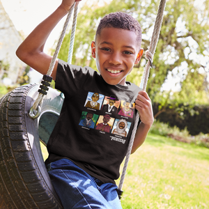 A child sitting on a swing wearing a black ROCKaBLOCK "The Pioneers" graphic tee with images of historical Black figures.