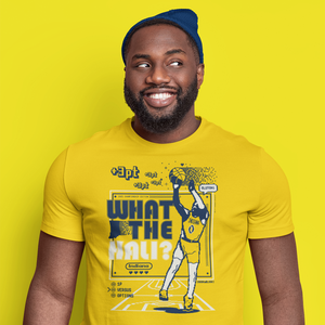 Man wearing a yellow ROCKaBLOCK "What The Hali?" t-shirt with a retro 8-bit video game inspired graphic design on a yellow background