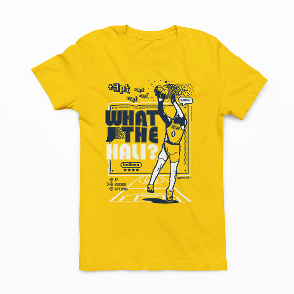 A yellow ROCKaBLOCK "What The Hali?" t-shirt with a retro 8-bit video game inspired graphic design on a yellow background
