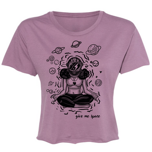 ROCKaBLOCK light purple cropped t-shirt with a graphic yoga inspired "Give me space" in front of white background.