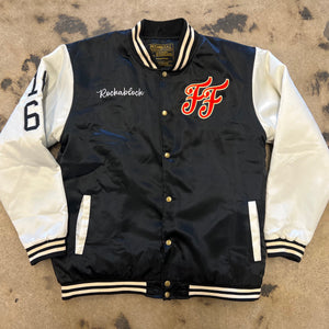 ROCKaBLOCK black satin “Freedom Fighters” varsity jacket with illustrated patches of historic leaders.