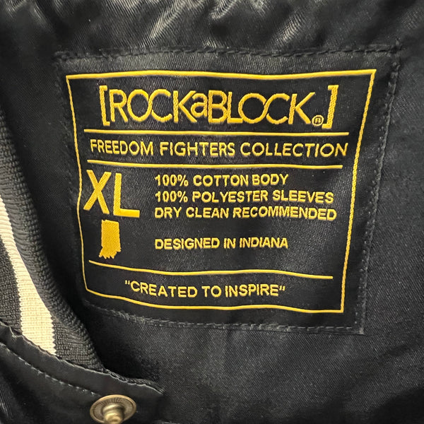 Label on a jacket with 'Rockablock' branding and product details.