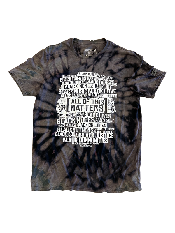 Tie-dye t-shirt with text design on a white background