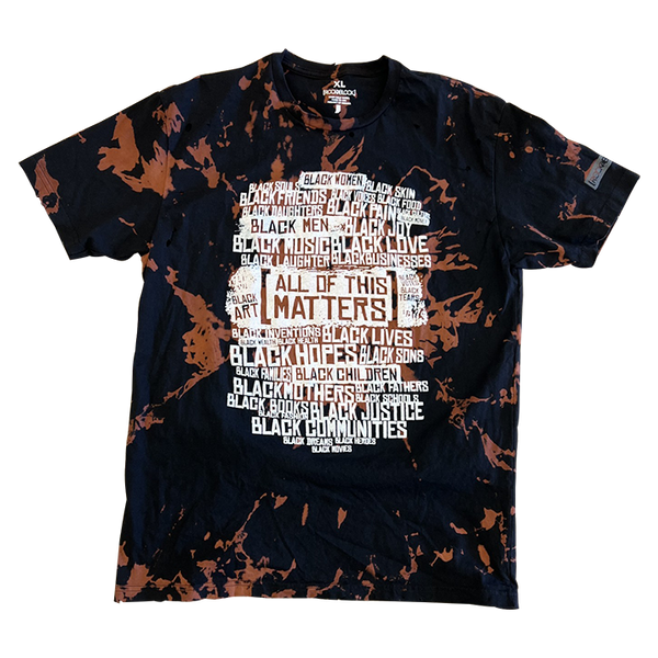 T-shirt with text and abstract design on a white background