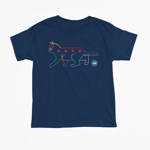ROCKaBLOCK Navy t-shirt displaying a cat silhouette formed from multicolored Chicago CTA train lines, Chicago star symbols on the body, and a small circular CAT logo