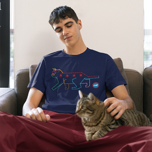 Person relaxing on a couch, wearing a navy ROCKaBLOCK CTA Cat Map graphic t-shirt featuring a cat silhouette made from Chicago transit lines, while petting a brown tabby cat sitting on their lap.