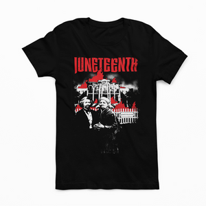 A ROCKaBLOCK Juneteenth "Let it burn" graphic t-shirt featuring the Nottoway Plantation burning with Frederick Douglass and Harriet Tubman in front
