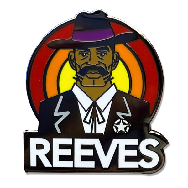 ROCKaBLOCK hard enamel Pioneers pins with characters including Bessie Coleman, Bass Reeves, 'Stagecoach' Mary Fields, Jean Baptiste Point Du Sable, Mary Seacole, and Matthew Henson, secured on a denim fabric. Highlighting Black history.