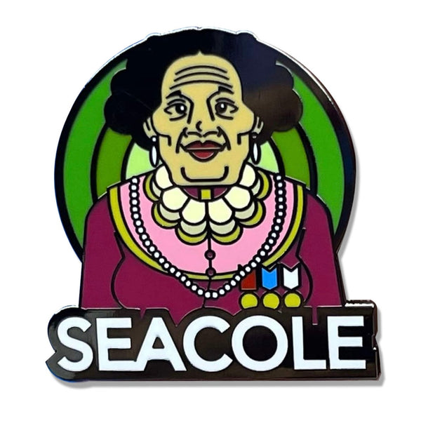 ROCKaBLOCK hard enamel Pioneers pins with characters including Bessie Coleman, Bass Reeves, 'Stagecoach' Mary Fields, Jean Baptiste Point Du Sable, Mary Seacole, and Matthew Henson, secured on a denim fabric. Highlighting Black history.