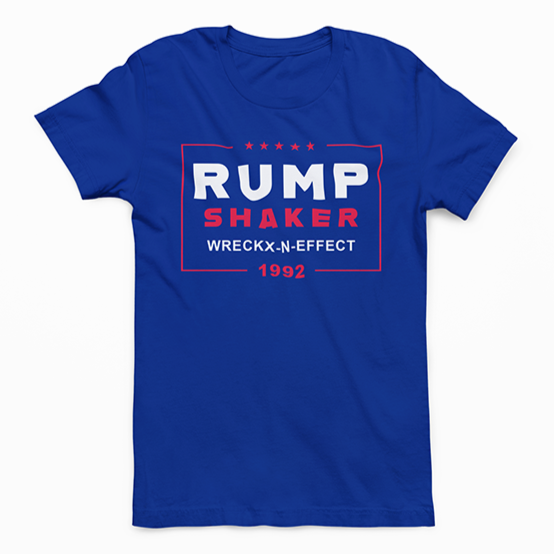 A blue ROCKaBLOCK graphic tee with the text 'RUMP SHAKER WRECKX-N-EFFECT 1992' printed on the front.
