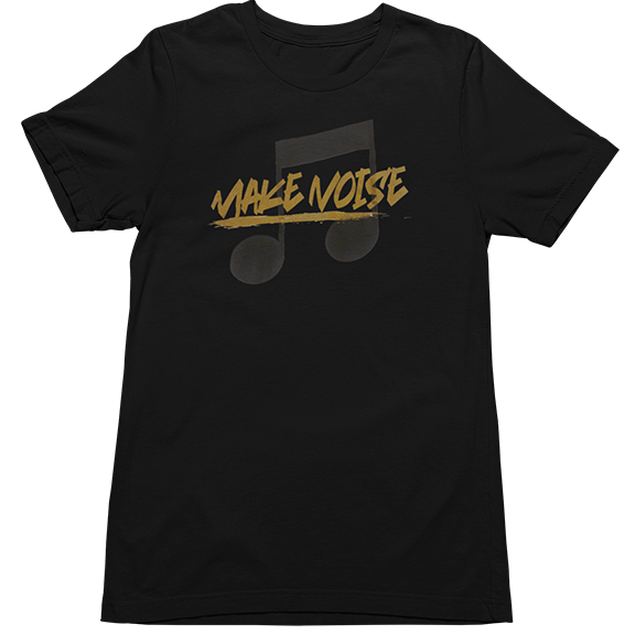 A black short-sleeve crewneck t-shirt featuring a graphic on the chest with the words 'MAKE NOISE' in a distressed gold font and a dark gray music note design behind it, shown against a plain white background.