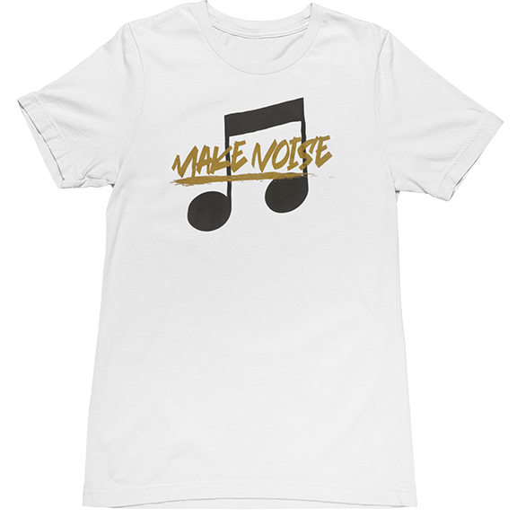 A white short-sleeve crewneck t-shirt featuring a graphic of a black musical note with the text 'MAKE NOISE' written across it in a gold brushstroke style.
