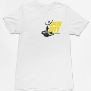 White t-shirt with graphic design and 'Speed City' text on a white background
