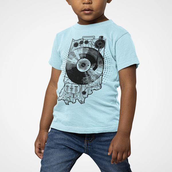 Child wearing rockablock spindiana t-shirt featuring Indiana state outline and a turntable