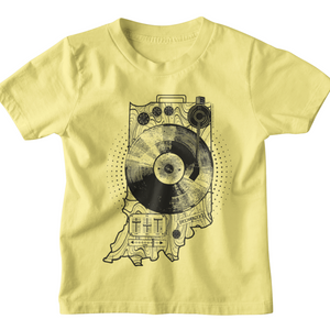 child sized rockablock yellow spindiana graphic tee featuring indiana state outline map and a turntable.