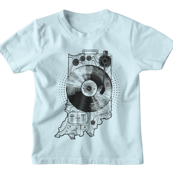 child sized rockablock baby blue spindiana graphic tee featuring indiana state outline map and a turntable.