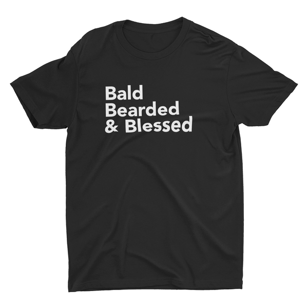 rockablock black t-shirt with phrase bald bearded & blessed on the front
