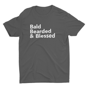 rockablock gray t-shirt with phrase bald bearded & blessed on the front