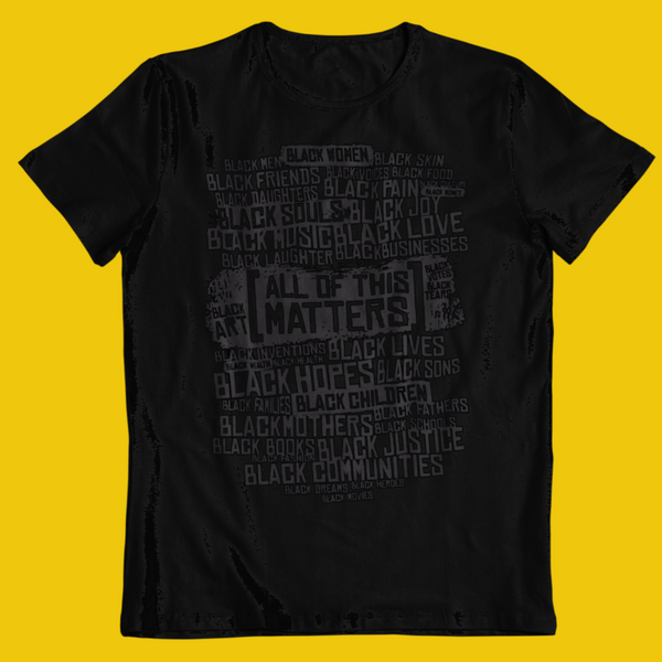 a black ROCKaBLOCK "All of This Matters" graphic tee with black ink.