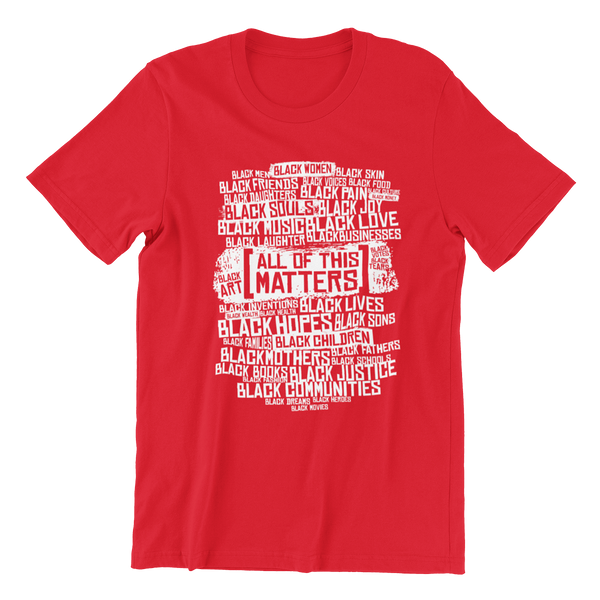 a red ROCKaBLOCK "All of This Matters" graphic tee.
